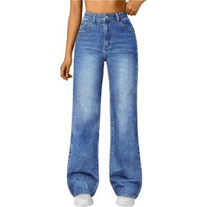 Women Wide Straight Leg High Waisted Jeans Blue